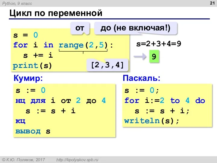 Цикл по переменной s = 0 for i in range(2,5):