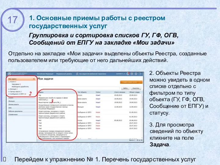 1. Основные приемы работы с реестром государственных услуг Группировка и сортировка списков ГУ,