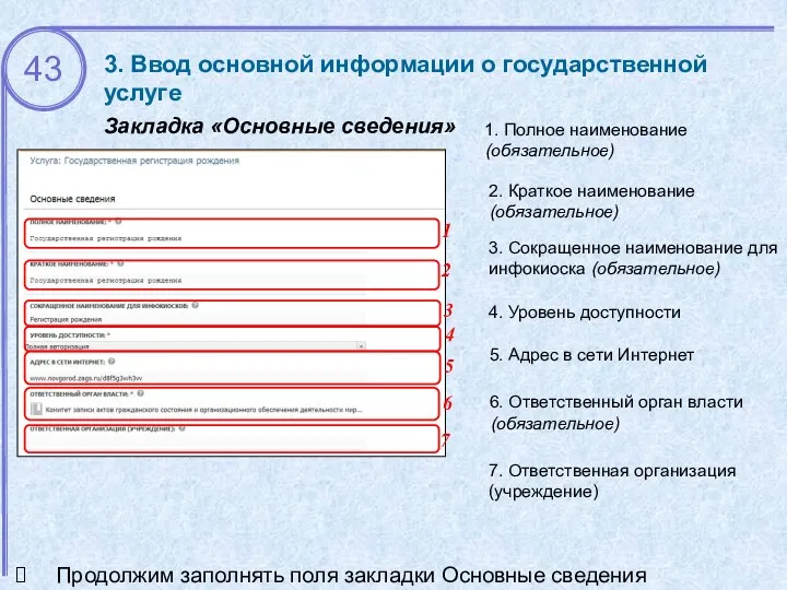 3. Ввод основной информации о государственной услуге Закладка «Основные сведения» 1 2 4