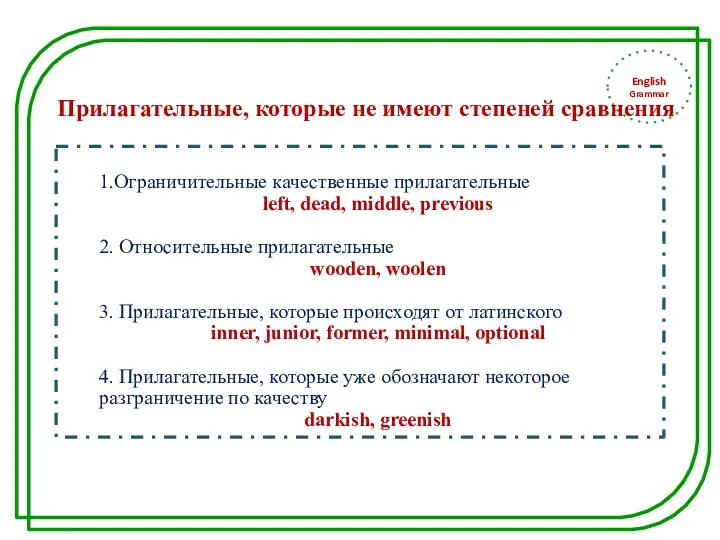 English Grammar 1.Ограничительные качественные прилагательные left, dead, middle, previous 2.