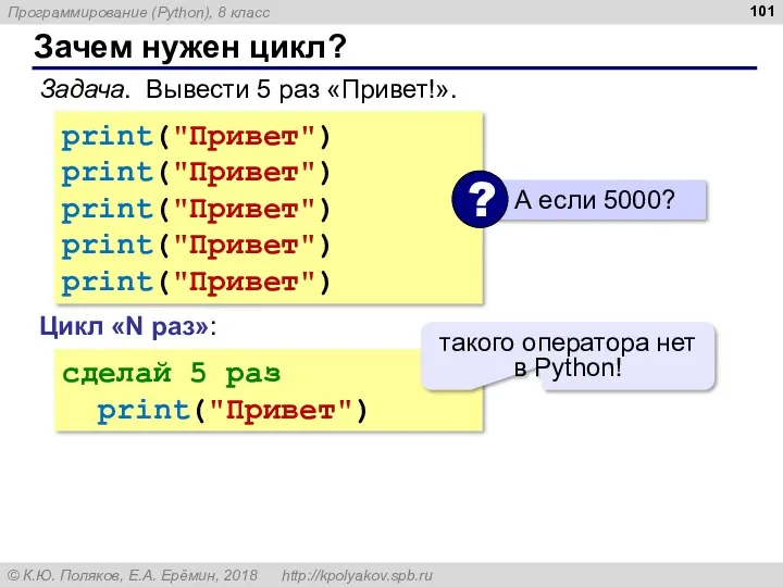 Зачем нужен цикл? Задача. Вывести 5 раз «Привет!». print("Привет") print("Привет") print("Привет") print("Привет") print("Привет")