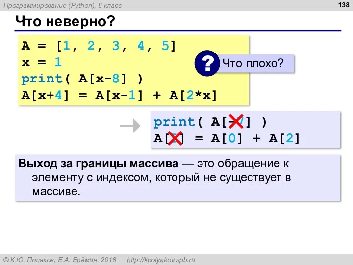 Что неверно? A = [1, 2, 3, 4, 5] x = 1 print(