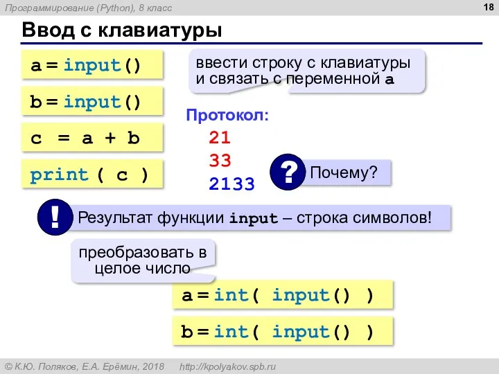 Ввод с клавиатуры a = input() ввести строку с клавиатуры и связать с