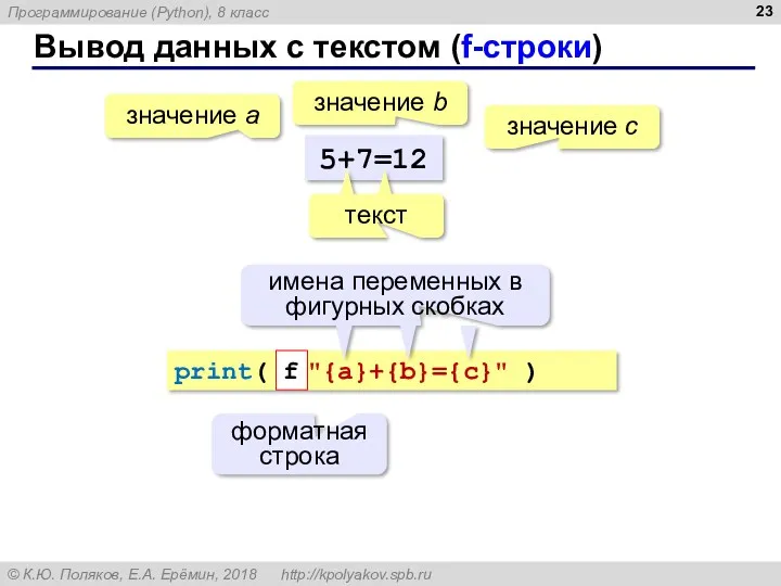 Вывод данных с текстом (f-строки) 5+7=12 значение a значение с значение b print(