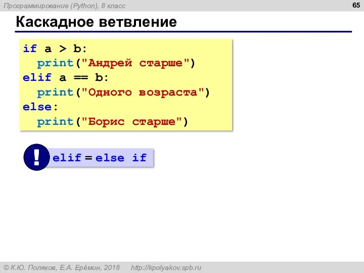 Каскадное ветвление if a > b: print("Андрей старше") elif a == b: print("Одного