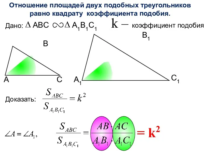 А С С1 В1 А1 Отношение площадей двух подобных треугольников