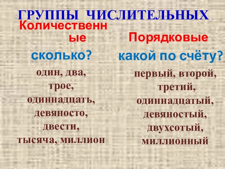 сколько? какой по счёту? ГРУППЫ ЧИСЛИТЕЛЬНЫХ Количественные один, два, трое,