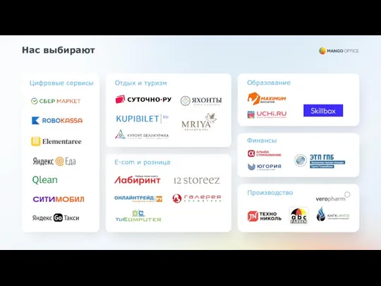 Цифровые сервисы Образование E-com и розница Отдых и туризм Финансы Производство Нас выбирают