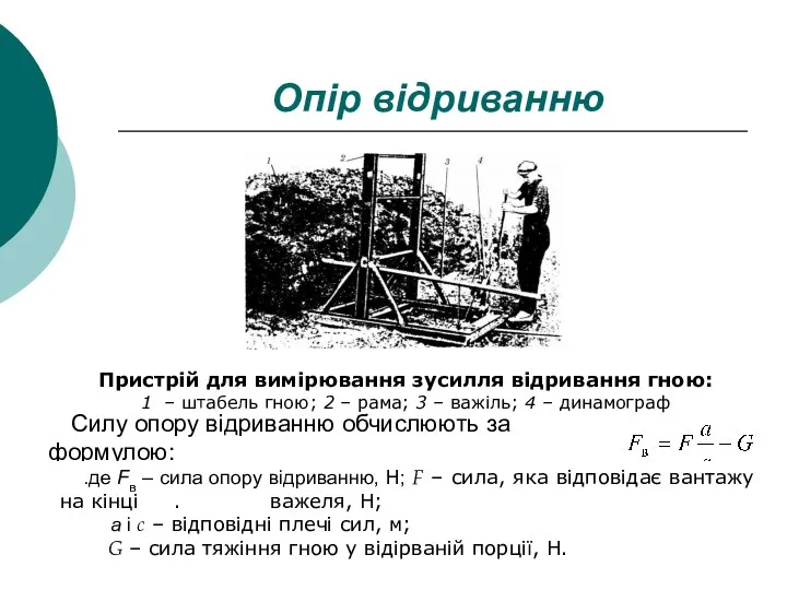 Опір відриванню Пристрій для вимірювання зусилля відривання гною: 1 –