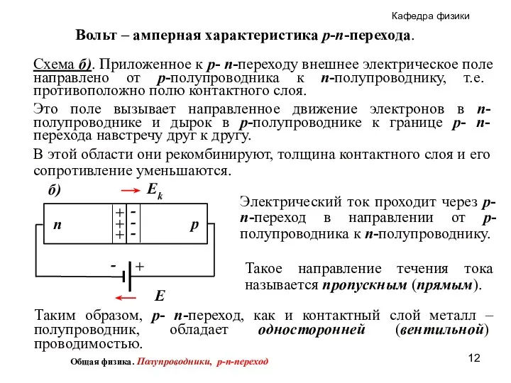 Вольт – амперная характеристика p-n-перехода. В этой области они рекомбинируют,