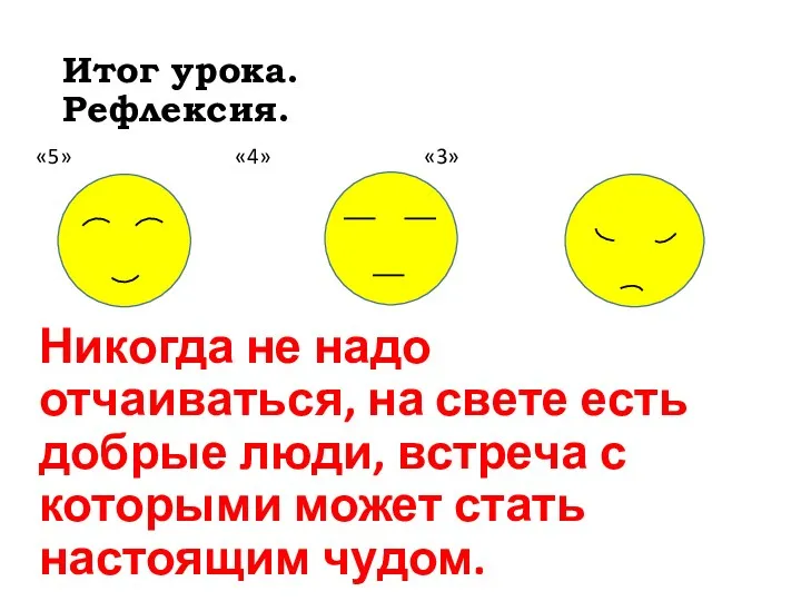 Итог урока. Рефлексия. Никогда не надо отчаиваться, на свете есть добрые люди, встреча