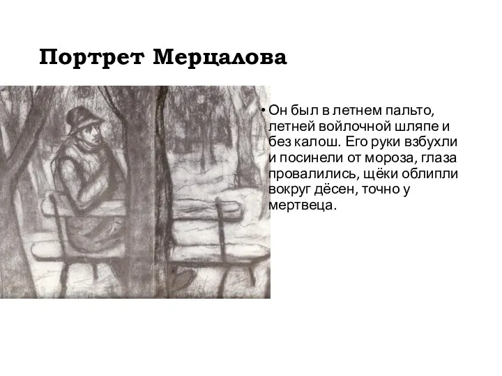 Портрет Мерцалова Он был в летнем пальто, летней войлочной шляпе и без калош.