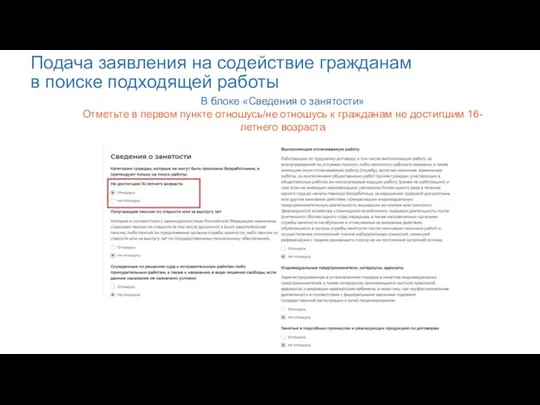 Подача заявления на содействие гражданам в поиске подходящей работы В блоке «Сведения о