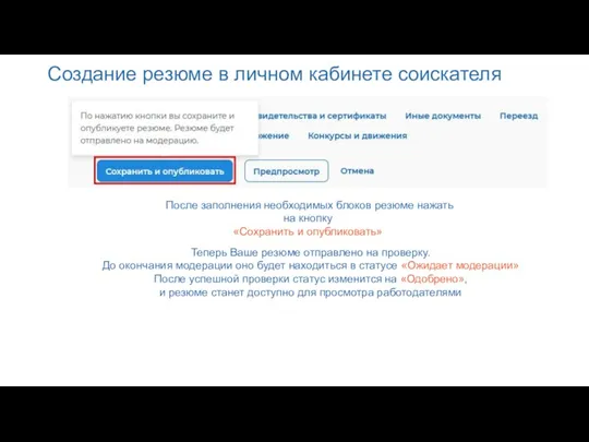 Создание резюме в личном кабинете соискателя После заполнения необходимых блоков