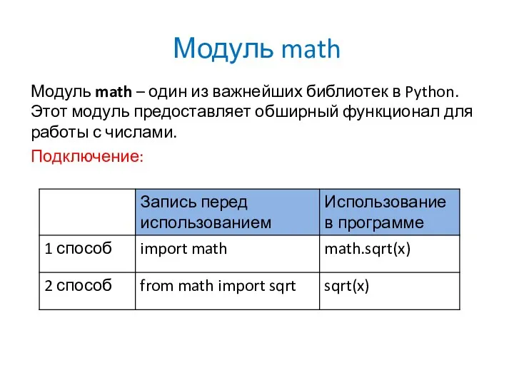 Модуль math Модуль math – один из важнейших библиотек в