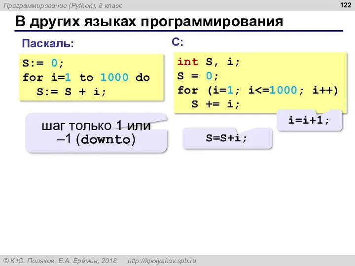 В других языках программирования С: int S, i; S = 0; for (i=1;