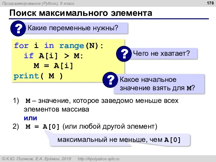 Поиск максимального элемента for i in range(N): if A[i] > M: M =