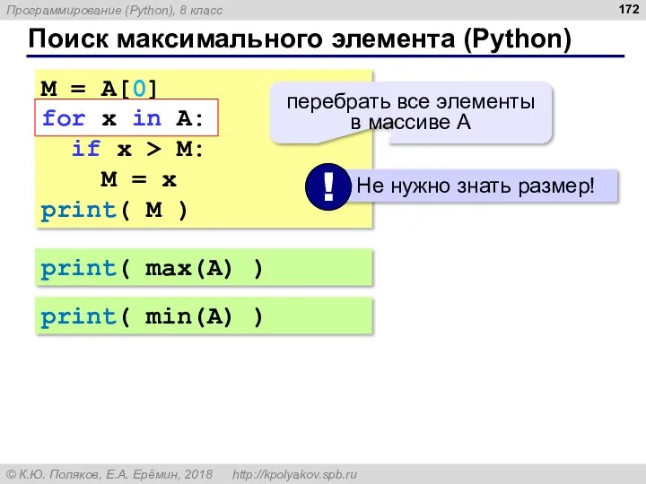 Поиск максимального элемента (Python) M = A[0] for x in A: if x