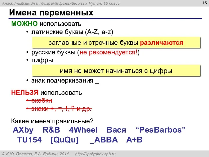 Имена переменных МОЖНО использовать латинские буквы (A-Z, a-z) русские буквы (не рекомендуется!) цифры