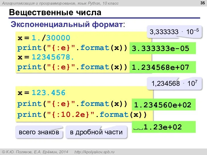 Вещественные числа Экспоненциальный формат: x = 1./30000 print("{:e}".format(x)) x = 12345678. print("{:e}".format(x)) 3.333333e-05