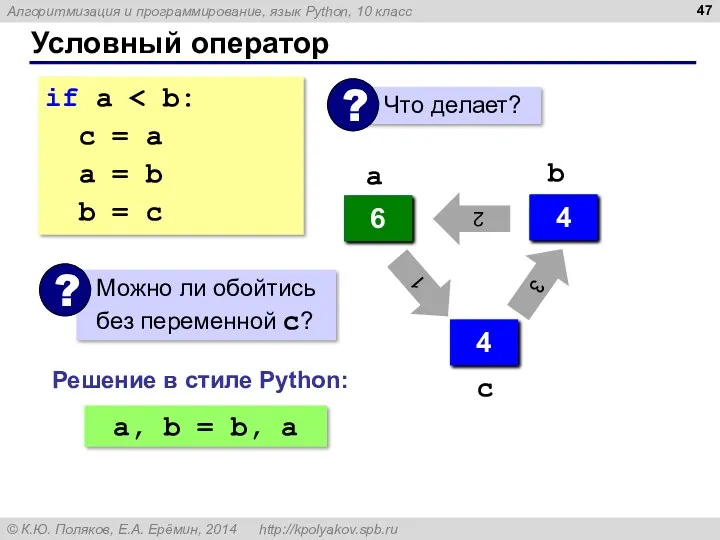 Условный оператор if a с = a a = b b = c