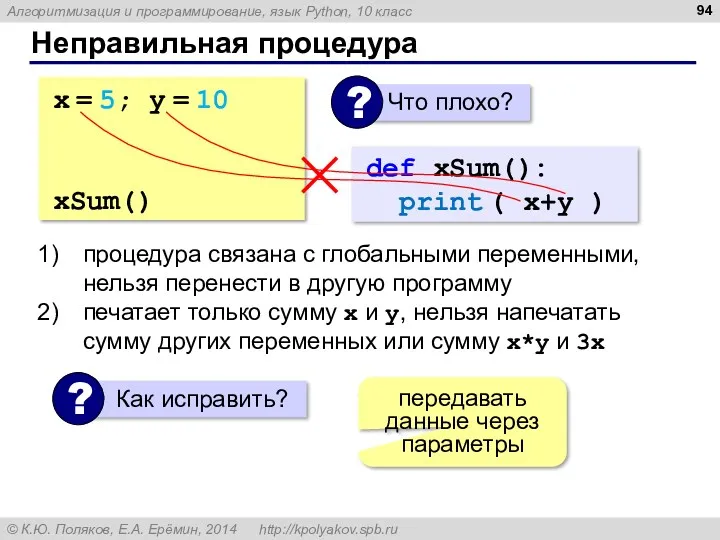 Неправильная процедура x = 5; y = 10 def xSum(): print ( x+y