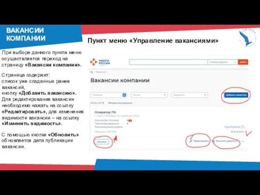 ВАКАНСИИ КОМПАНИИ При выборе данного пункта меню осуществляется переход на