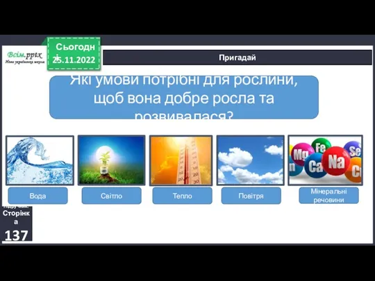 25.11.2022 Сьогодні Пригадай Підручник. Сторінка 137 Вода Мінеральні речовини Повітря