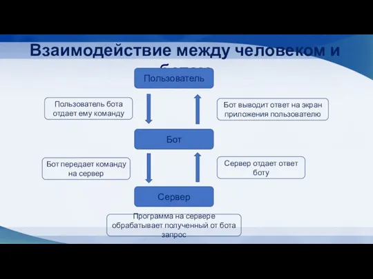 Взаимодействие между человеком и ботом Пользователь Бот Сервер Пользователь бота