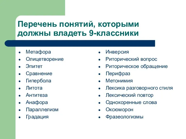 Перечень понятий, которыми должны владеть 9-классники Метафора Олицетворение Эпитет Сравнение