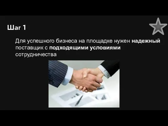 Шаг 1 Для успешного бизнеса на площадке нужен надежный поставщик с подходящими условиями сотрудничества