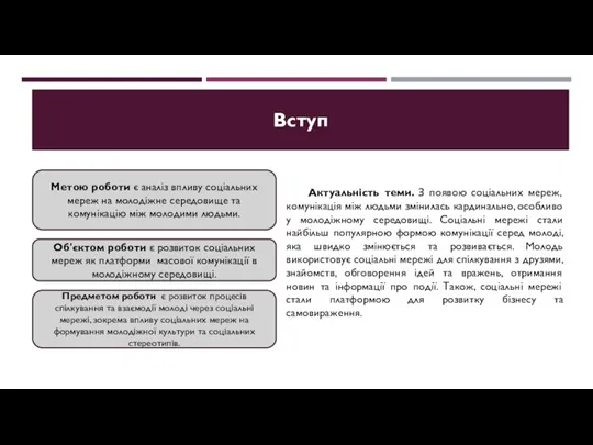 Вступ Метою роботи є аналіз впливу соціальних мереж на молодіжне