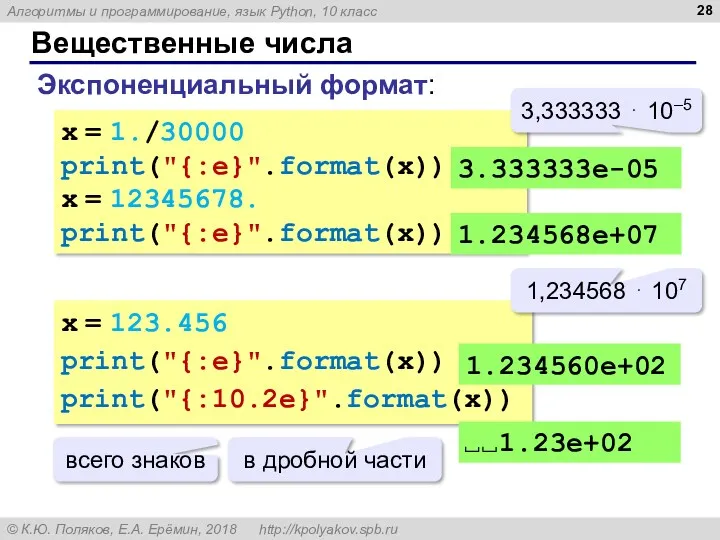 Вещественные числа Экспоненциальный формат: x = 1./30000 print("{:e}".format(x)) x =