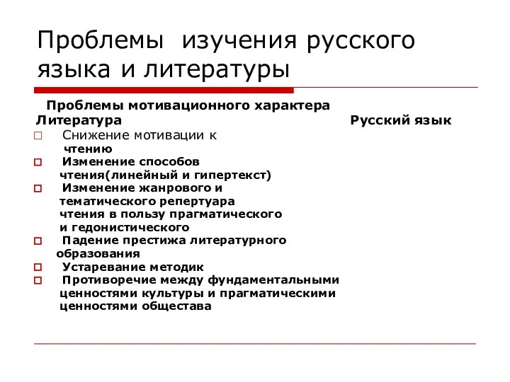 Проблемы изучения русского языка и литературы Проблемы мотивационного характера Литература