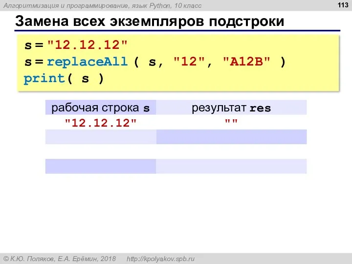 Замена всех экземпляров подстроки s = "12.12.12" s = replaceAll ( s, "12",