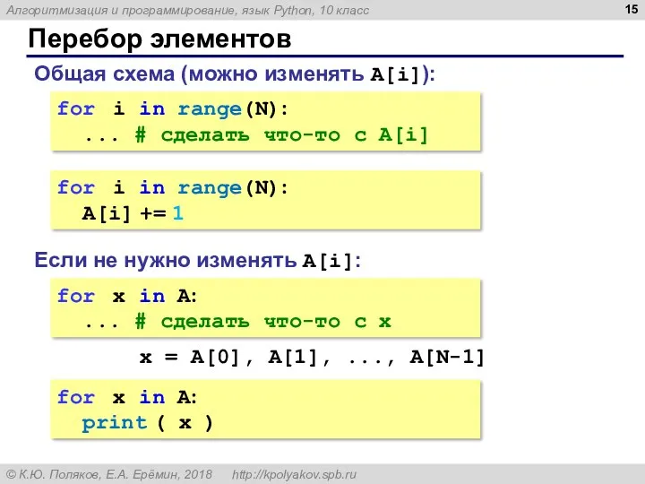 Перебор элементов Общая схема (можно изменять A[i]): for i in range(N): ... #