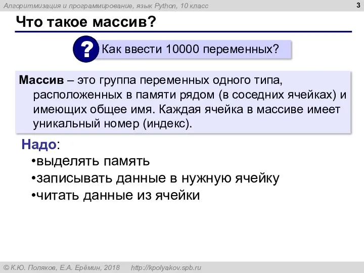 Что такое массив? Массив – это группа переменных одного типа, расположенных в памяти