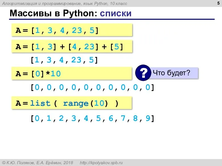 Массивы в Python: списки A = [1, 3, 4, 23, 5] A =