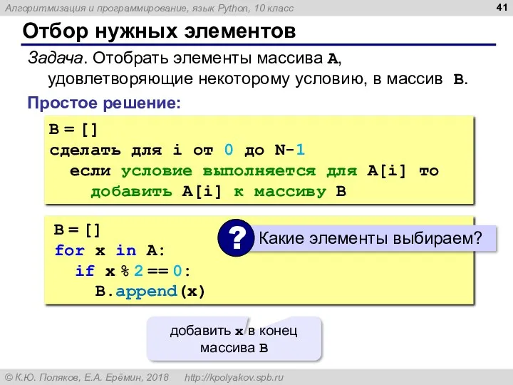 Отбор нужных элементов Простое решение: Задача. Отобрать элементы массива A, удовлетворяющие некоторому условию,