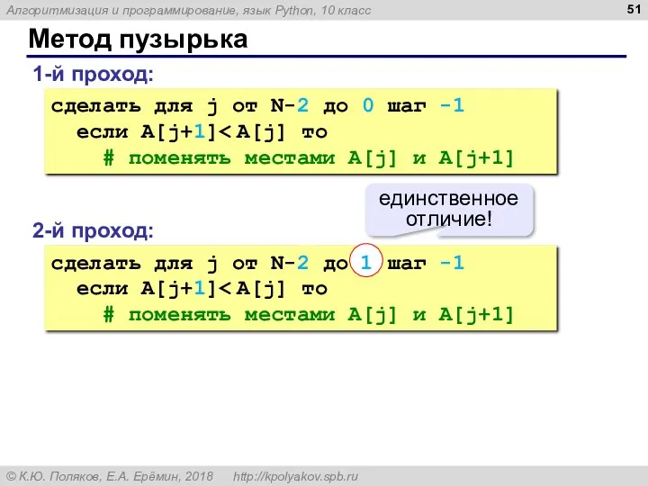 Метод пузырька 1-й проход: сделать для j от N-2 до 0 шаг -1