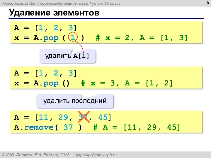 Удаление элементов A = [1, 2, 3] x = A.pop ( 1 )