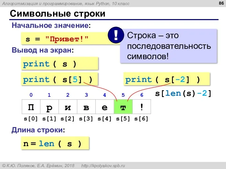 Символьные строки Начальное значение: Вывод на экран: print ( s ) s =