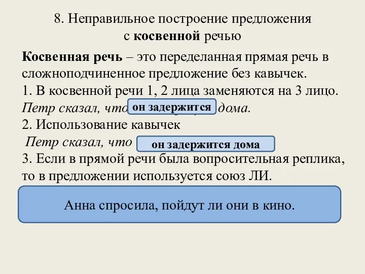 8. Неправильное построение предложения с косвенной речью Косвенная речь –