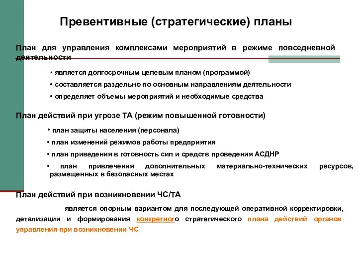 Превентивные (стратегические) планы План для управления комплексами мероприятий в режиме