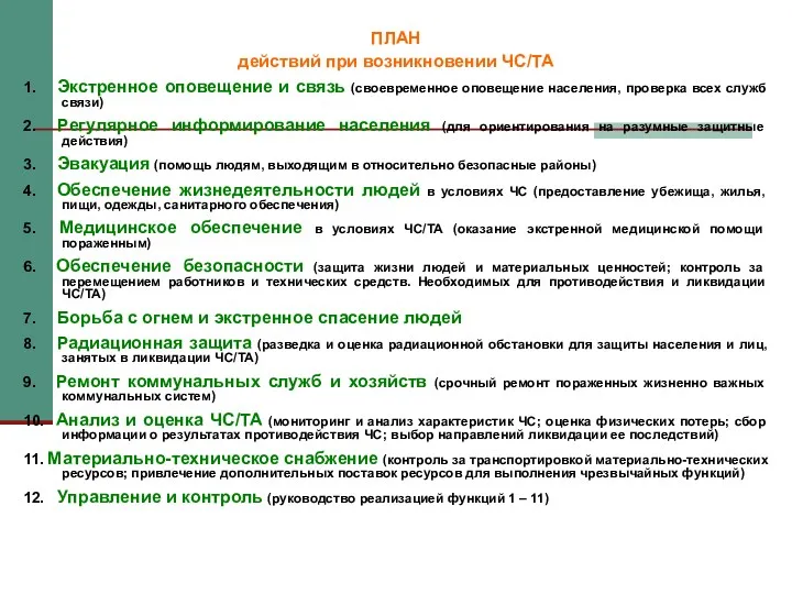 ПЛАН действий при возникновении ЧС/ТА 1. Экстренное оповещение и связь