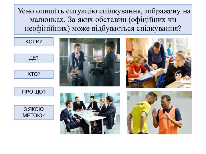 Усно опишіть ситуацію спілкування, зображену на малюнках. За яких обставин