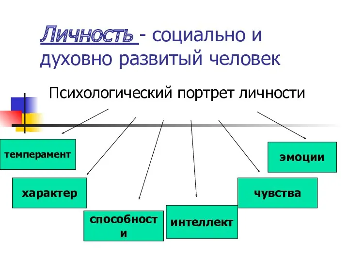 Личность - социально и духовно развитый человек Психологический портрет личности темперамент характер способности интеллект чувства эмоции