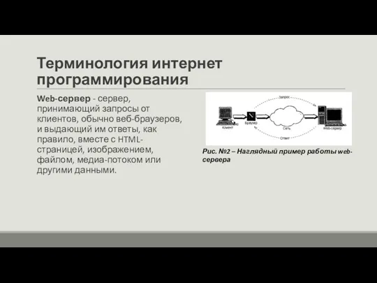 Терминология интернет программирования Web-сервер - сервер, принимающий запросы от клиентов, обычно веб-браузеров, и