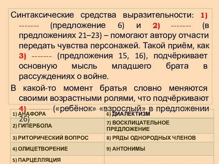 Синтаксические средства выразительности: 1) ------- (предложение 6) и 2) -------