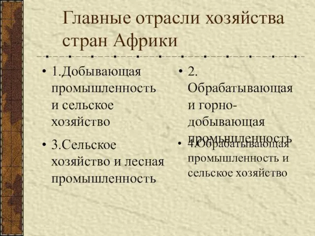 Главные отрасли хозяйства стран Африки 1.Добывающая промышленность и сельское хозяйство